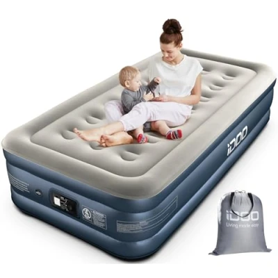 Image of iDOO Single Inflatable Air Bed with Built in Pump, 3 Mins Quick Self Inflation/Deflation Mattress, Comfortable Top Surface Blow Up for Home Portable Camping Travel 188x99x38cm 250kg MAX