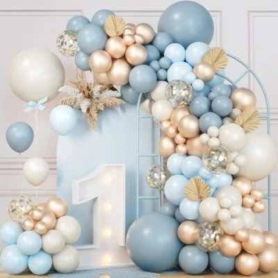 Image of Dusty Blue Balloon Arch Kit, 111pcs Baby Garland Kit with and White Balloons Gold Balloons, for Men Boys Birthday Party Decorations,Baby Shower,Christening,Wedding