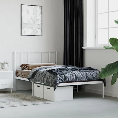 Image of vidaXL Metal Bed Frame with Headboard White 90x190 cm Single Robust Steel Frame, Extra Storage Space, Breathable Support, Elegant Design