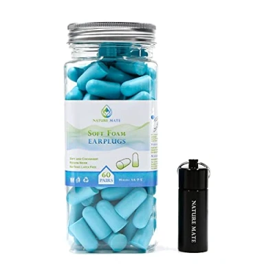 Image of Nature Mate Super Soft Reusable Foam Earplugs 38dB Highest SNR 60 Pairs Anti Noise Ear Plugs for Sleeping Snoring Studying Travel Concerts Loud with Compact Carrying Case (Blue)