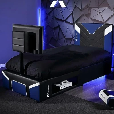 Image of X Rocker Cerberus Twist TV Gaming Bed with Rotating Mount, Storage and Cable Management, Single 3ft Low Sleeper Bedstead, Faux Leather Upholstery, Ideal for Kids Bedroom, 32&quot; Supported Blue