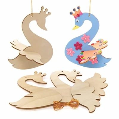 Image of Baker Ross AX820 Swan Princess 3D Decorations Pack of 6, Woodcrafts for Kids Arts and Crafts Projects, Great an Art Party