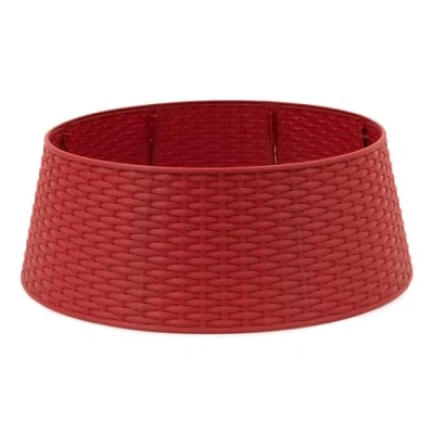 Image of Christmas Village Faux Rattan Tree Skirt 65cm Base Diameter, Durable Snap Together Design, Fits Stands up to 63cm Red