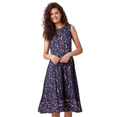 Image of Roman Originals Women Lace Skater Dress Ladies Fit and Flare Evening Occasion Wear Round Neck Sleeveless Floral Knee Length Classic Elegant Dresses Navy Size 18