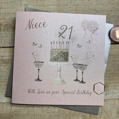Image of WHITE COTTON CARDS Happy 21st Birthday Card Niece Champagne Glasses Pink &amp; Gold Sparkly Cake SS42 NIE21