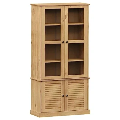 Image of vidaXL VIGO Solid Pine Wood Glass Display Cabinet Rustic Bookcase/Storage Cupboard for Living Room/Bedroom, Honey Wax Finish with Metal Knobs 85x35x170 cm, Brown