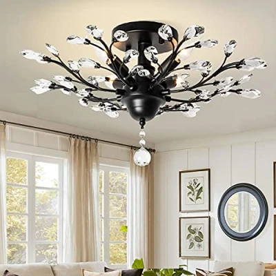 Image of Ganeed Vintage K9 Clear Crystal Chandeliers Ceiling Lighting Pendant Flush Mounted Fixture for Living Room Dinning Restaurant Porch Hallway Black 4 Lights