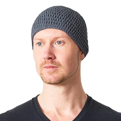 Image of CHARM Cotton Skull Cap for Men Crochet Kufi Hat Mens Beanie Prayer Knit Soft Sensitive Skin Chemo Gray L