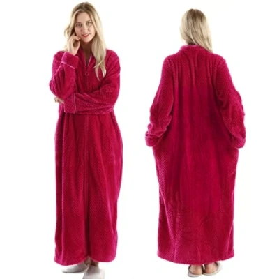 Image of Oksun Womens Fleece Dressing Gown Soft Bathrobe Full Length with Zipper, Rose Red, UK10 14(label L)