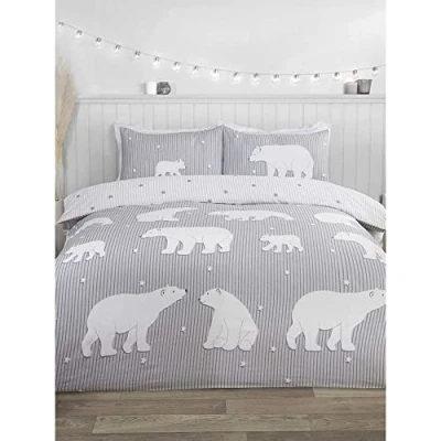 Image of Rapport Home Polar Bear 100% Brushed Cotton King Size Duvet Cover Set Reversible Bedding Grey