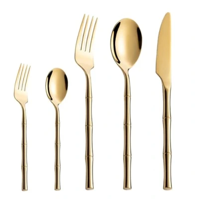 Image of Cutlery Sets Bamboo Handle 304 Stainless Steel Set Western Knife,Fork and Spoon Steak Golden 5Pcs
