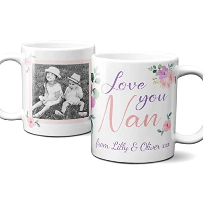 Image of Thoughtful Gifts Lovely Floral Photo Nan Mug, Personalised Mug for Nan, Cup Gift Present Mothers Day, Birthday, Christmas.
