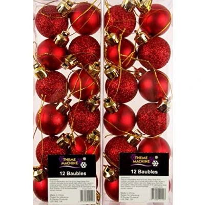 Image of Set Of 24 Mini Christmas Shine Glitter Tree Baubles Decorations Deep Red