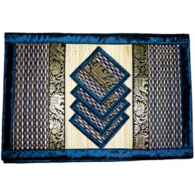 Image of Hand Woven Wicker Reed Placemats and Coaster Set Alternative to Plastic Heat Resistant Thai Style Durable Clean Perfect for Dining Table Décor of 4 (Large T2 Dark Blue (Striped))