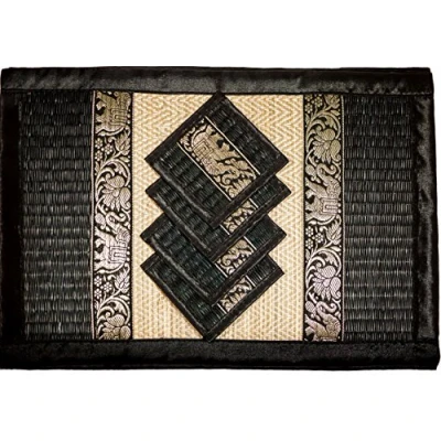 Image of Hand Woven Wicker Reed Placemats and Coaster Set Alternative to Plastic Heat Resistant Thai Style Durable Clean Perfect for Dining Table Décor of 4 (Large T2 Black (Full side))
