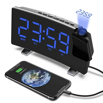 Image of VORRINC LED Digital Alarm Clock, FM Radio Clock With Dual Alarms, Projection Hygrometer, USB Port, 12/24H, 9 Minute Snooze Function, Sleep Timer (Blue)