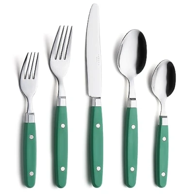 Image of ANNOVA Silverware Set 20 Pieces Stainless Steel Color Handle with Rivet/Retro Flatware 4 x Dinner Knife; Fork; Salad Spoon; Dessert Spoon(Green)