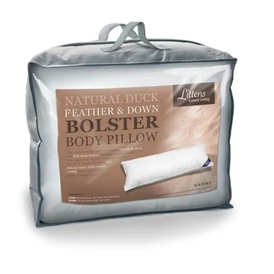 Image of Littens 6ft Body Bolster Orthopaedic Pregnancy Duck Feather &amp; Down Pillow, 100% Cotton Case, Proof (50cm x 183cm)