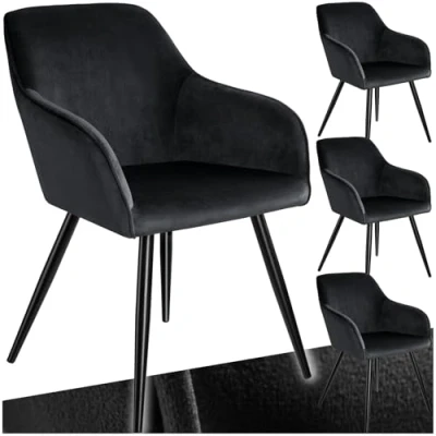 Image of TecTake® Set of 4 Dining Chairs in Velvet Look with Steel Legs, Thickly Padded Armchairs, Ergonomic Design &amp; Easy Assembly Ideal as Dining, Living Room, Bedroom Desk Black/Black