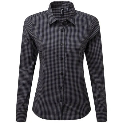 Image of Premier Womens/Ladies Maxton Gingham Long Sleeved Shirt (Steel/Black) Blue/Dark Grey Size Small