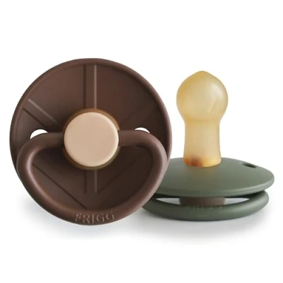 Image of FRIGG Little Viking Latex Pacifier Pack of 2 Pacifiers Natural Rubber Soother Dummy BPA Free Made in Denmark Symmetrical Cherry Shaped Nipple (Cocoa/Olive, Size 1 (0 6 Months))