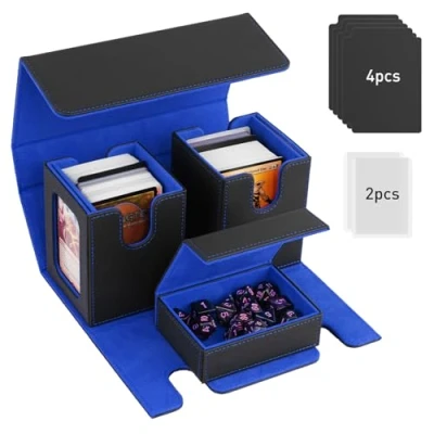 Image of TiMOVO MTG Commander Deck Box, Magnetic Leather Card Case Fits 200+ Double Sleeved Cards, Box with 2 Display &amp; 4 Dividers Dice Tray Fit YuGiOh TCG CCG Magic Black Blue