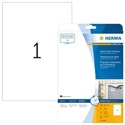 Image of HERMA Self Adhesive Inkjet Labels, 1 Label per A4 Sheet, 10 Sheets, 210 x 297 mm, Blank Weatherproof Film Labels Stickers, Sticky for Printer, White