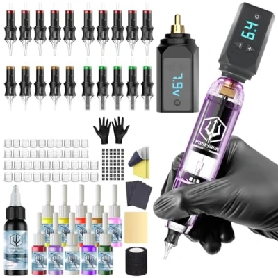 Image of POSEIDON Cordless Rotary Tattoo Machine Kit with 20 Cartridge Needles, Ink Set &amp; 2 Rechargeable Batteries Professional Portable Gun for Beginners Complete Starter Supplies