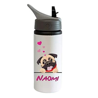 Image of Printaname Cute Dogs Personalised Kids Drinks Sports Childrens Water Bottle 600ml Aluminium Hot Cold Flip up Lid (Dog 2)