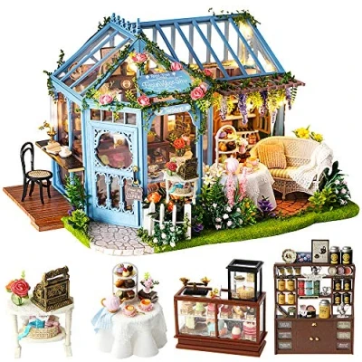 Image of CUTEBEE DollHouse Miniature with Furniture, DIY Wooden Kit, 1:24 Scale Creative Room for Valentine&#039;s Day Gift Idea Rose Garden Tea House