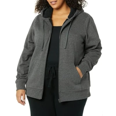 Image of Amazon Essentials Women&#039;s Sherpa Lined Fleece Full Zip Hooded Jacket (Available in Plus Sizes), Charcoal Heather, S