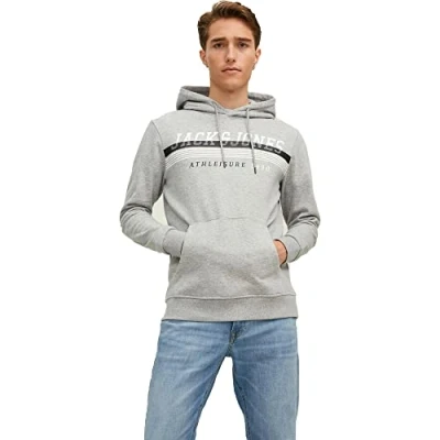 Image of JACK &amp; JONES Men&#039;s Pullover Sweatshirt Hoodie Casual Warm Logo Print Hooded Top Light Grey Melange S