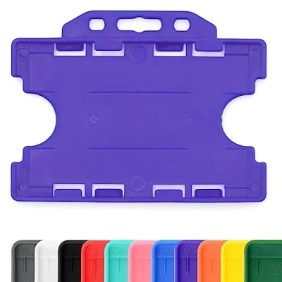 Image of CKB LTD 10x Twin Double Sided Rigid Slide in Open Faced ID Card Badge Holders Horizontal Landscape Dual Identity Plastic Pass Protector Holds Two Cards 86mm 54mm cr80 Credit Sized (Purple)