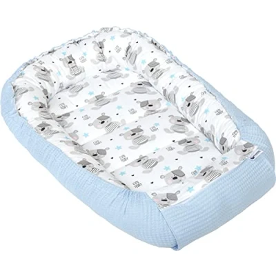 Image of Medi Partners Baby nest Pod Newborn Sleepyhead 100% Cotton Waffle 100x60x15cm Bed Pillow Accessories Cocoon for Babies (Teddy with light blue Waffle)