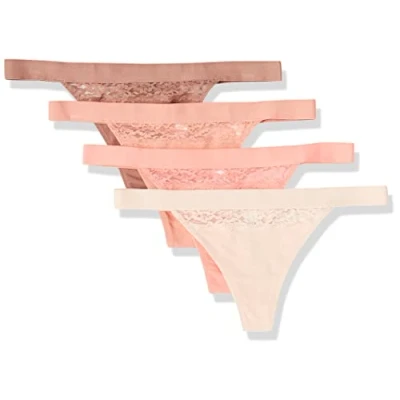 Image of Amazon Essentials Women&#039;s Cotton and Lace Thong Knickers, Pack of 4, Salmon Pink/Brown/Light Rose, 14