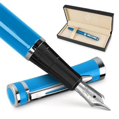 Image of Wordsworth &amp; Black Fountain Pen Set, Medium Nib, Includes 6 Ink Cartridges and Refill Converter, Gift Case, Journaling, Calligraphy, Smooth Writing Pens [Sky Blue], Perfect for Men Women