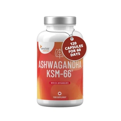 Image of Ashwagandha KSM 66 600 mg Root Extract with 5% Withanolides and Black Pepper 120 Capsules for 60 Days Sensilab