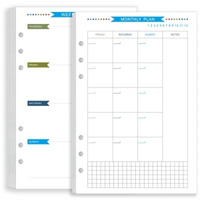 Image of Zelten Colorful Loose Leaf Punched Paper Refills for 6 Hole Binder Personal Organizer Diary Notebook Refillable Planner (Weekly Monthly Planner, A5)