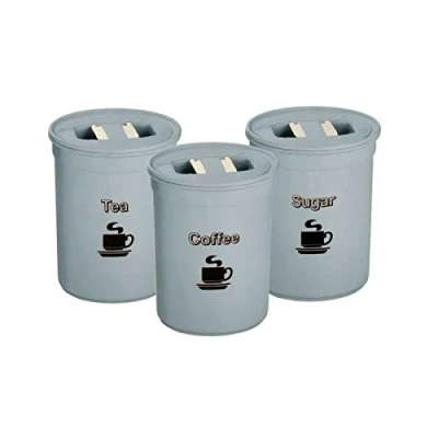Image of 3 Piece Tea Coffee Sugar Canister Set 850ml Plastic Round ContainerTin Airtight Storage Jars (Sky Blue)
