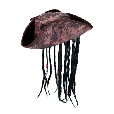 Image of HENBRANDT 1 x Adult Deluxe Brown Pirate Hat with Braids and Beads One Size Caribbean Captain Halloween Fancy Dress Cosplay Costume Accessory for Men Women