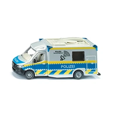 Image of siku 2301 Mercedes Benz Sprinter Police Car, Toy, 1:50, Metal/plastic, Blue/white, Rotating Satellite Dish, Removable Roof, Opening Doors