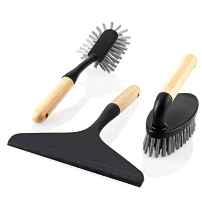 Image of com four® 3 part cleaning set hand brush, dish brush and window squeegee perfect starter made of bamboo robust plastic for the household (03 pcs. black/bamboo)