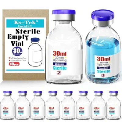 Image of Ks Tek Sterile Empty Vials with Self Healing Injection Port,with Flip Off Aluminum Cap,Sterile Package (30ml,10)