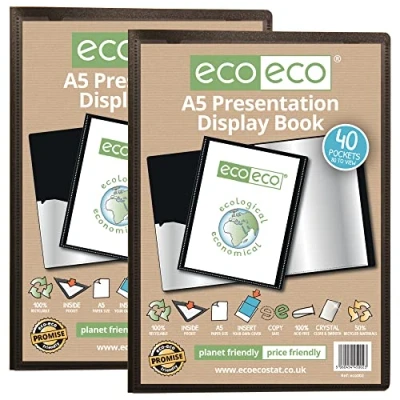 Image of eco A5 Size 50% Recycled 40 Pocket Black Presentation Display Book, Storage Case Portfolio Art Folder with Plastic Sleeves, eco002x2, (Pack of 2 Books)