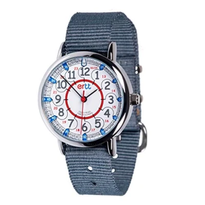 Image of EasyRead Time Teacher Watch Children Watches For Kids Learn To Tell The 2 Step Red Blue 12 24 Hr Face Analogue Easy Read Dial Grey Strap