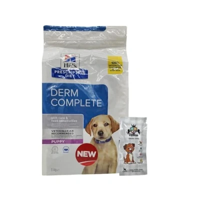 Image of AETN Creations Diet Derm Complete Dry Puppy Food Bundle 1.5kg for Canine Skin Conditions, Allergies, and Coat Care Management with Chicken Jerky Treat