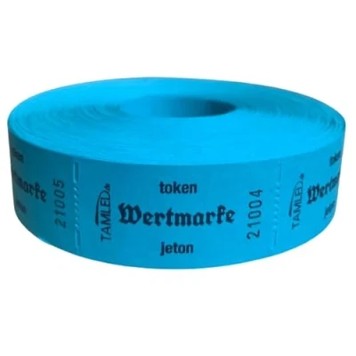 Image of Receipt Roll &quot;Value Mark&quot; Blue Trilingual 1000 Tears Consecutively Numbered Gastro Brand Festival Food Tag Event Company Folk Stamp Fair