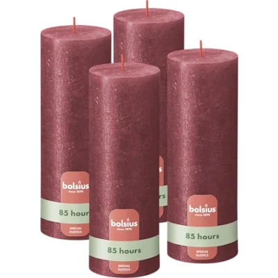 Image of Bolsius Rustic Pillar Candle Shimmer Red Pack of 4 Long Burning Time 85 Hours Household Interior Decoration Unscented Includes Natural Vegan Wax No Palm Oil 19 x 7 cm