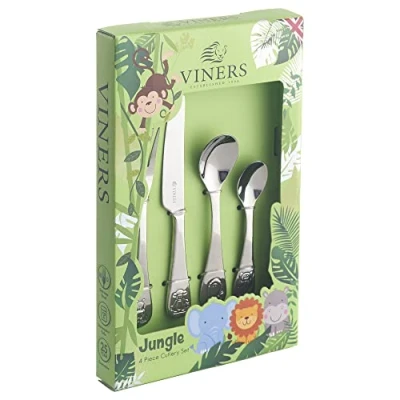 Image of Viners Jungle Kids Cutlery Set Children’s Mirror Polished Flatware Gift Box with 25 Year Guarantee for Ages 1 5 18/0 Stainless Steel, 4 Piece