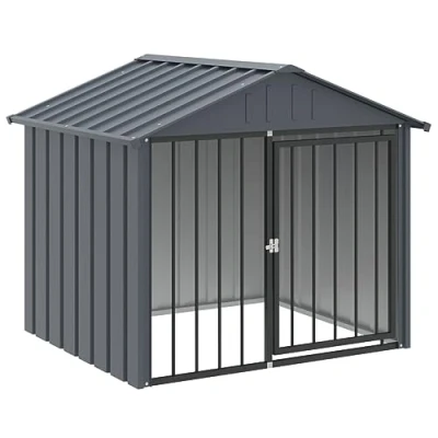 Image of vidaXL Black Galvanised Steel Dog House Kennel with Roof Spacious, Weather Protected Outdoor Canine Shelter, Easy Access Secure Door